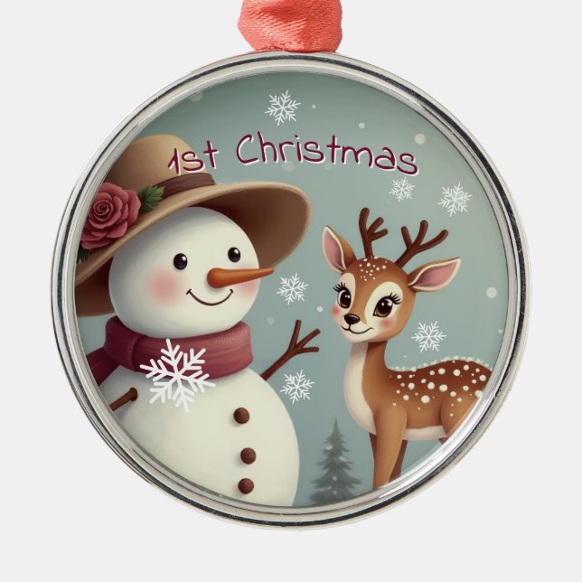 Cute Deer And Snowman Holiday Julgransprydnad Metall (Framsidan)