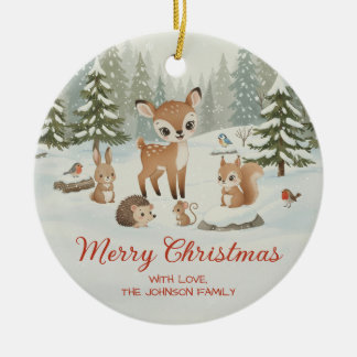 Cute Deer and Woodland Animals Merry Christmas Julgransprydnad Keramik
