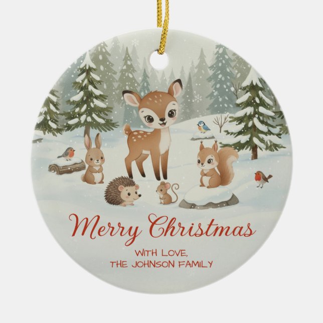 Cute Deer and Woodland Animals Merry Christmas Julgransprydnad Keramik (Framsidan)