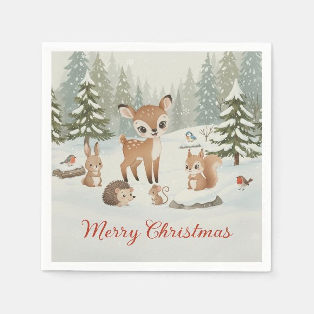 Cute Deer and Woodland Animals Merry Christmas Pappersservett (Framsidan)