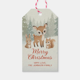 Cute Deer and Woodland Animals Merry Christmas Presentetikett