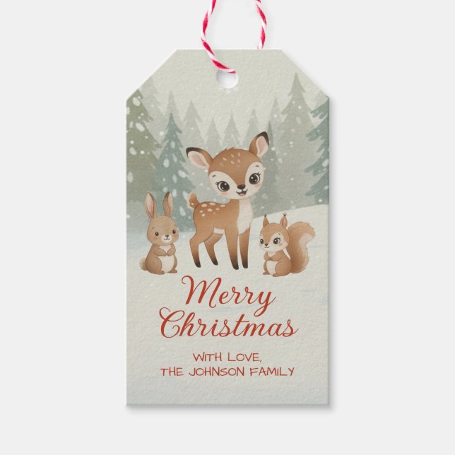 Cute Deer and Woodland Animals Merry Christmas Presentetikett (Framsidan)