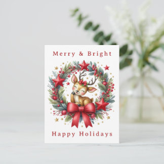 Cute Deer Christmas Wreath Personalized Vykort