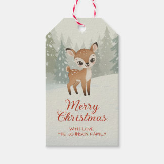 Cute Deer in Winter Forest Merry Christmas Presentetikett