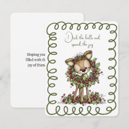 Cute Deer Wearing a Christmas Wreath Green and Red Julkort