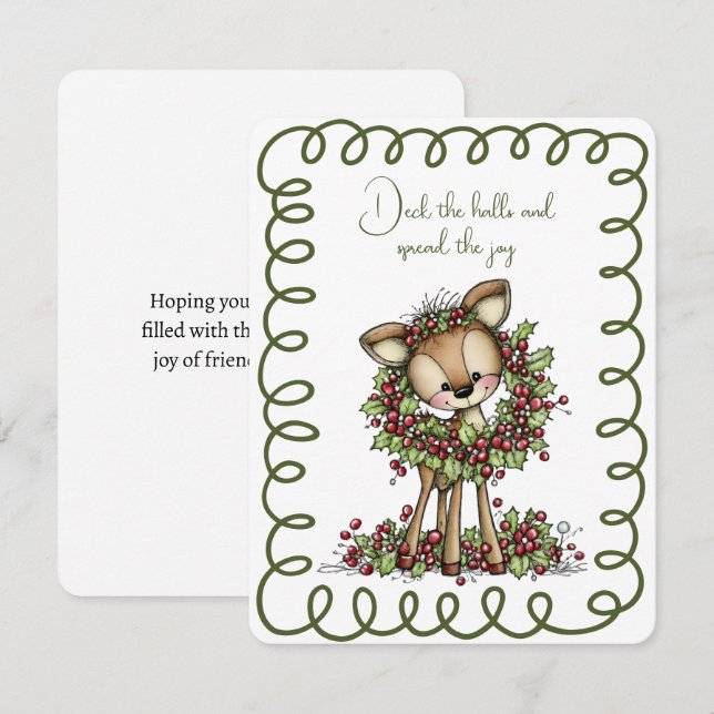 Cute Deer Wearing a Christmas Wreath Green and Red Julkort (Fram/baksida)