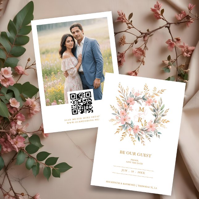 Cute Delicate Luxury Pink & Golden Floral Wreath Spara Datumet (Cute Delicate Luxury Pink & Fake Golden Wedding Spring Floral Wreath Photo Save the Dates Cards.)