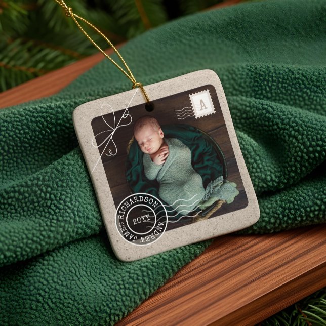 Cute Delivery Parcel Baby Birth Announcement Photo Julgransprydnad Keramik (Cute Delivery Parcel Baby Birth Announcement Photo Ceramic Ornament)