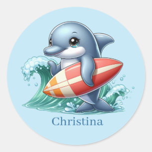 Cute Delphin add namn surfing Runt Klistermärke