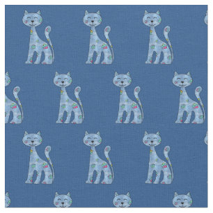 Cute Denim n Flowers Tecknad Cat Fabric Tyg