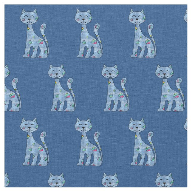 Cute Denim n Flowers Tecknad Cat Fabric Tyg (Närbild)