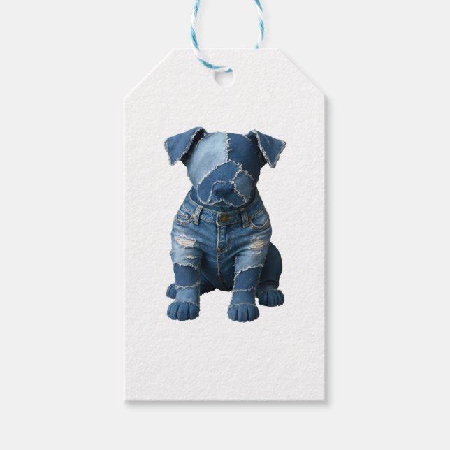 Cute Denim Patchwork Art Hund T-Shirt Presentetikett (Framsidan)