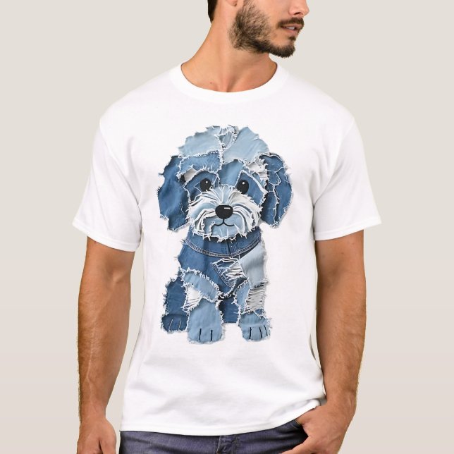 Cute Denim Patchwork Dog Illustration T Shirt (Framsida)