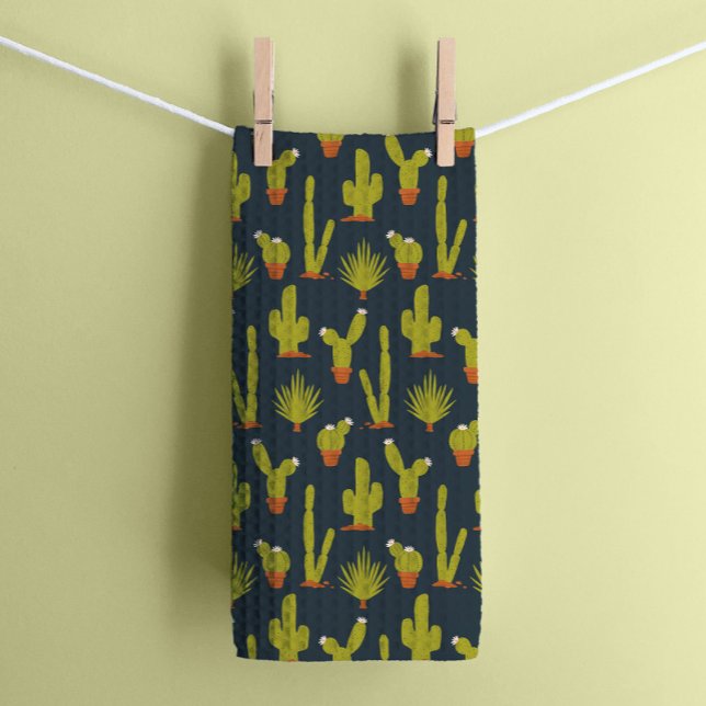 Cute Desert Cactus Plants on Navy Blue Kökshandduk (Skapare uppladdad)