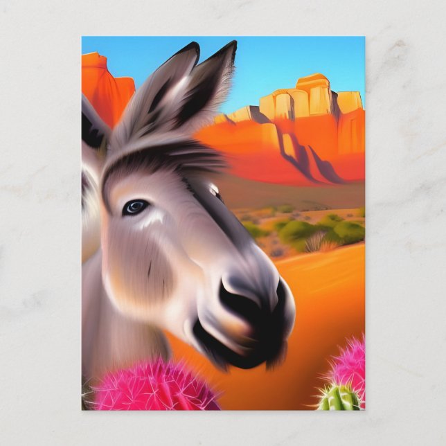 Cute Desert Donkey med blommar cactus Vykort (Framsida)