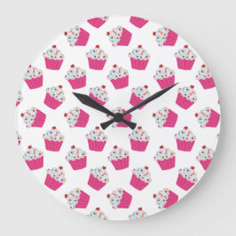 Cute Dessert Bright Rosa Cupcoa Mönster Stor Klocka