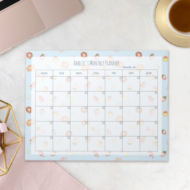 Cute Desserts Mönster Blue Monthly Planner Namn Anteckningsblock (Skapare uppladdad)