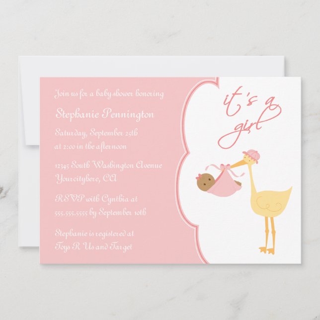 Cute det är en rosa stork inbjudan till barndusch (Framsida)