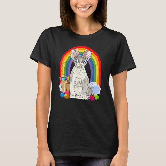 Cute Devon Rex Cat Rainbow Glad påsk Eggs Bunny T Shirt (Framsida)