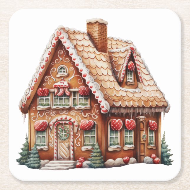 Cute Digital Painting of a Gingerbröd House Underlägg Papper Kvadrat (Framsidan)