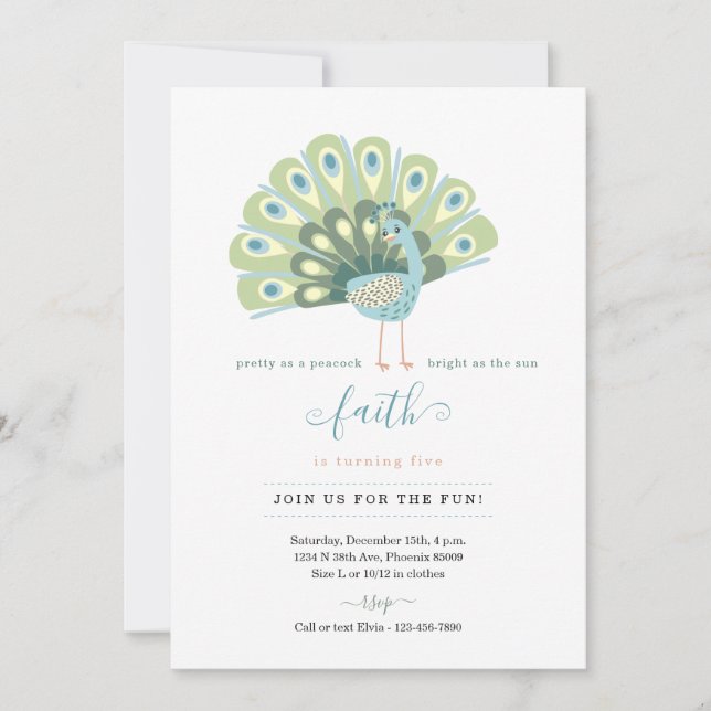 Cute Dikt for Peacock Flick kalas Inbjudan (Framsida)