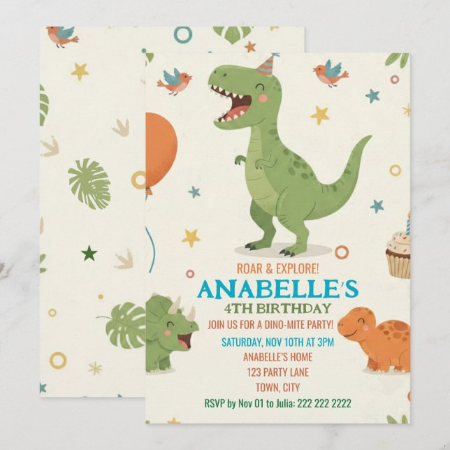 Cute Dino Birthday Party Invitation Inbjudningar (Fram/baksida)