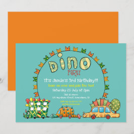 Cute Dino Cars Dinosaur Grönt Gult Boys Birthday Inbjudningar