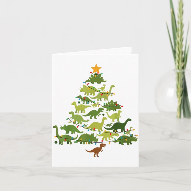 Cute Dino Christmas Tree Merry Dinomas Xmas Lights Kort (Framsida)