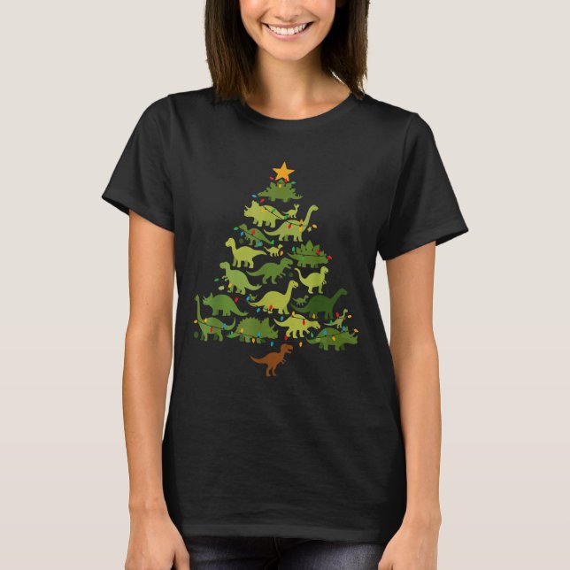 Cute Dino Christmas Tree Merry Dinomas Xmas Lights T Shirt (Framsida)