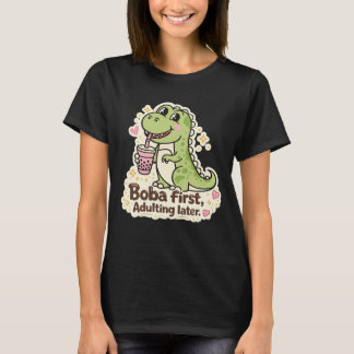 Cute Dino drinking bubble tea, boba tea T Shirt