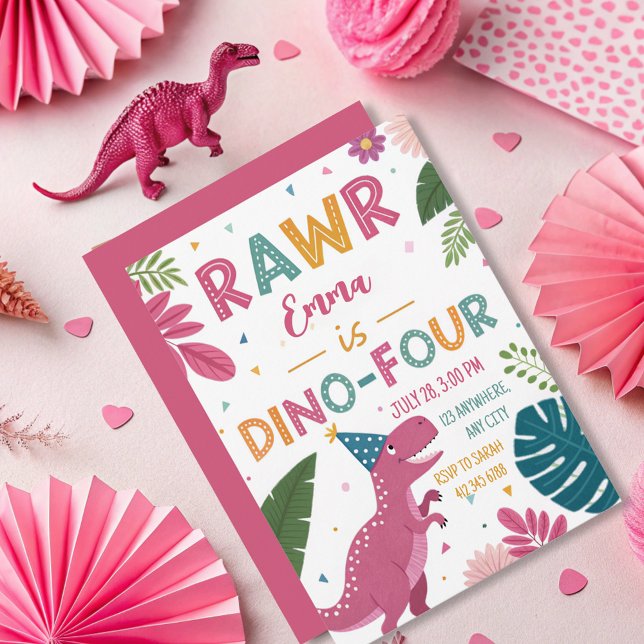 Cute Dino-Four Rosa Dinosaur Girl 4e födelsedagen Inbjudningar (Skapare uppladdad)
