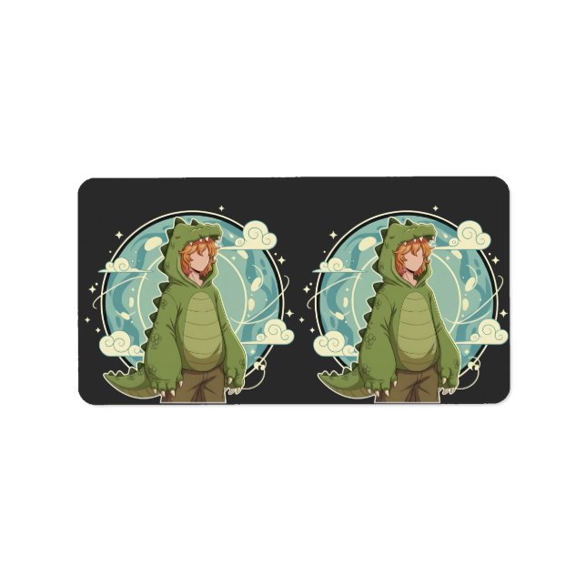 Cute Dino Friend Anime Boy - Green Dinosaur Adressetikett (Framsidan)