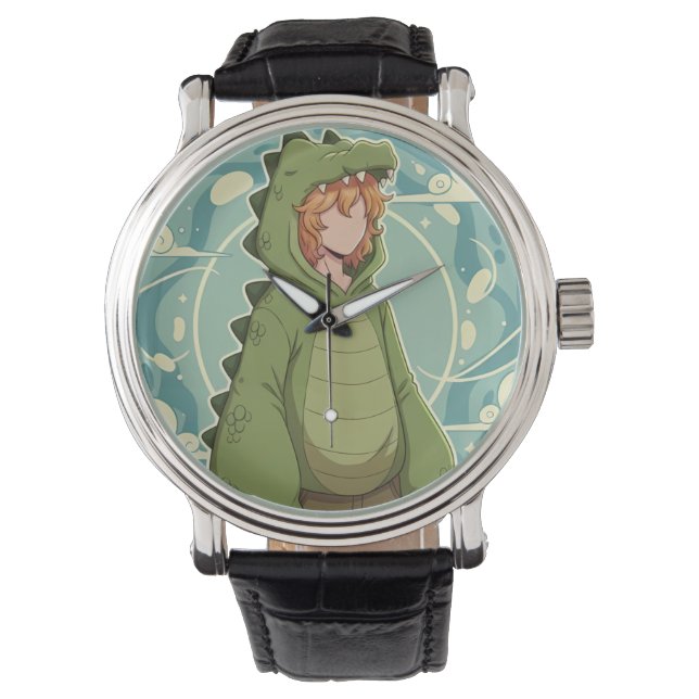 Cute Dino Friend Anime Boy - Green Dinosaur Armbandsur (Framsida)