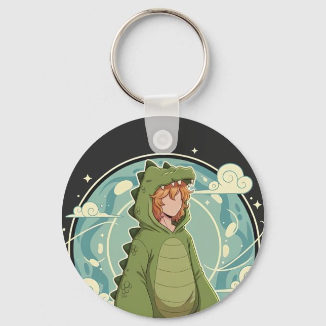Cute Dino Friend Anime Boy - Green Dinosaur Nyckelring (Framsida)