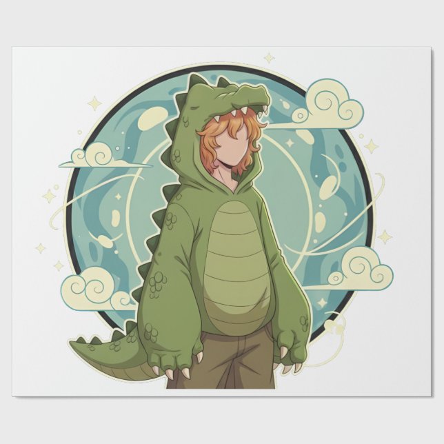 Cute Dino Friend Anime Boy - Green Dinosaur Presentpapper (Platt)