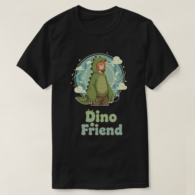 Cute Dino Friend Anime Boy - Green Dinosaur T Shirt (Design framsida)