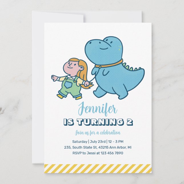 Cute Dino Friend Dinosaur Girls Birthday Inbjudningar (Framsida)