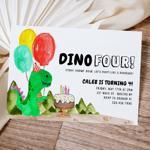 Cute Dino FYUR Balloon Cake Dinosaur 4e födelsedag Inbjudningar