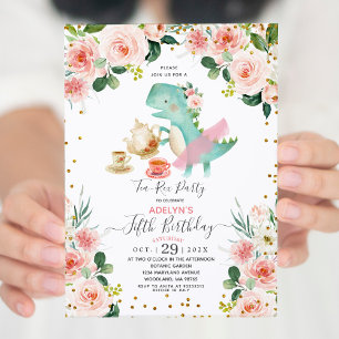 Cute Dino Girl Tea party 5:e födelsedagsinbjudan Inbjudningar