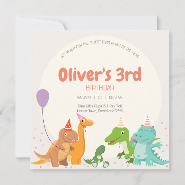 Cute Dino Party 3:e födelsedagen Inbjudningar (Framsida)