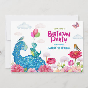 Cute Dino Party Dinosauries Watercolor Birthday Inbjudningar