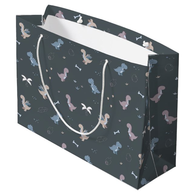 Cute Dino Patern Bluish Grått Large Gift Bag (Baksidan Vinklad)