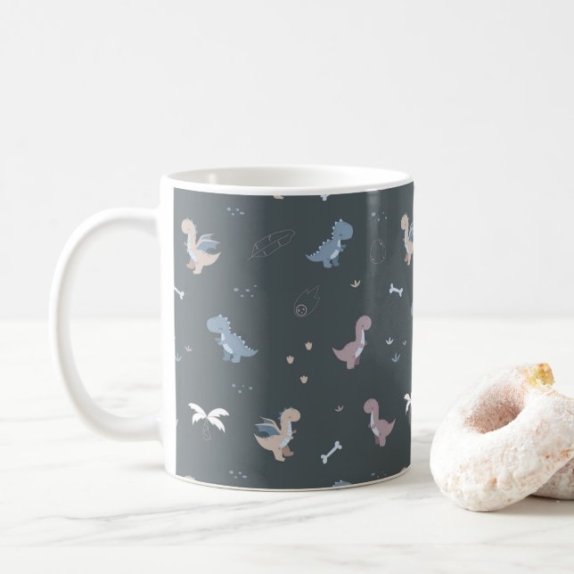 Cute Dino Patern Bluish Grått Mugg (Med munk)