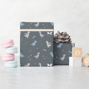 Cute Dino Patern Bluish Grått Wrapping Papper Roll Presentpapper