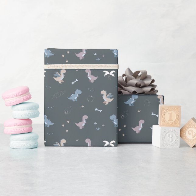 Cute Dino Patern Bluish Grått Wrapping Papper Roll Presentpapper (Baby Shower)