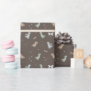 Cute Dino Patern Brown Wrapping Papper Roll Presentpapper