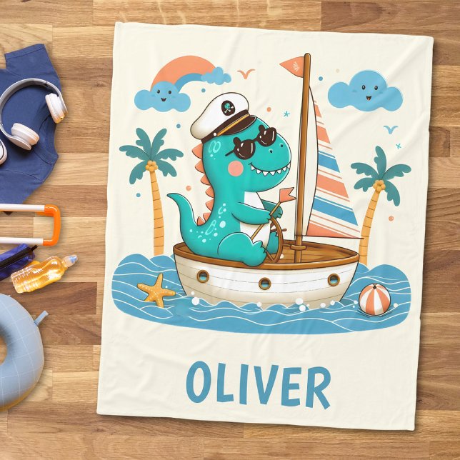 Cute Dino Trex Nautical Sailboat-kapten Fleecefilt (Skapare uppladdad)