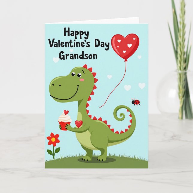 Cute Dino Valentines Grandson Card Kort (Framsida)