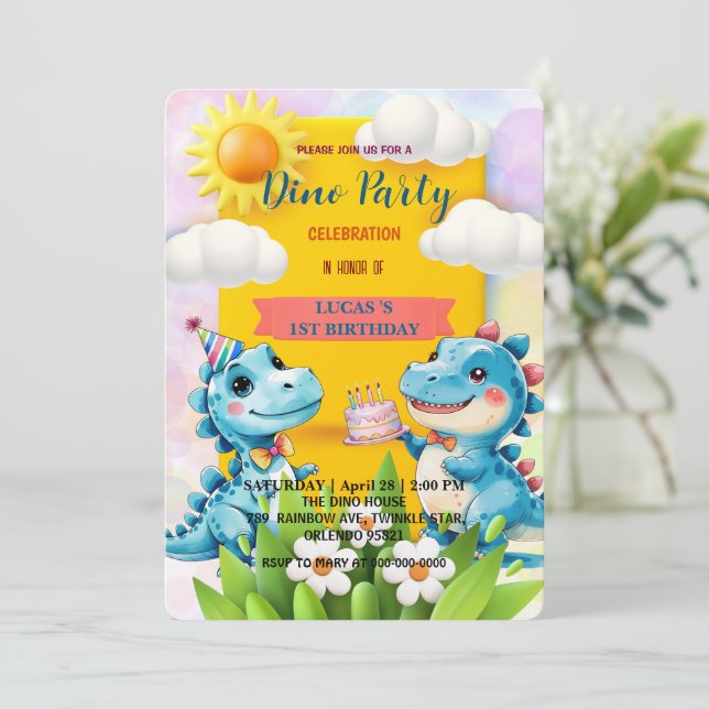 Cute DIno wildblommdinosaurs 1:a födelsedagen part Spara Datumet (Stående Fram)