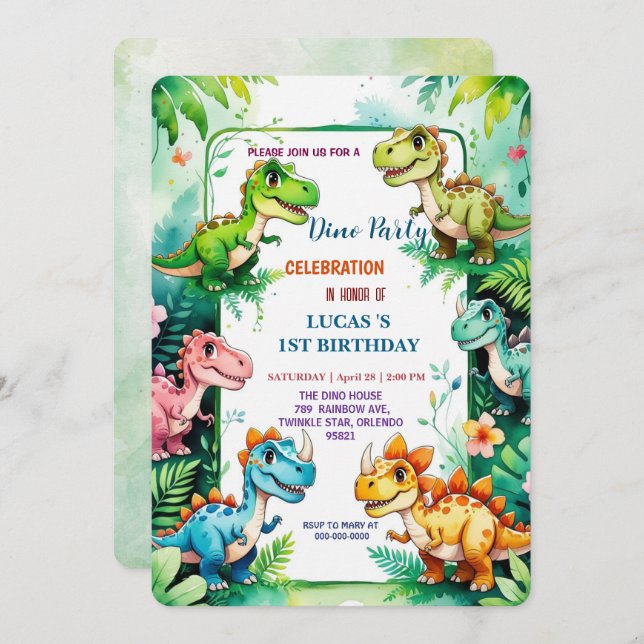 Cute DIno wildblommdinosaurs 1:a födelsedagen part Spara Datumet (Fram/baksida)